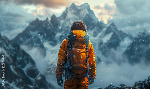 Alone hiker stands triumphantly atop a snowy mountain peak, surrounded by breathtaking winter scenery, embodying the spirit of adventure and exploration
