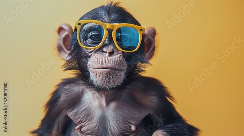 A cool monkey wearing sunglasses is sitting in front of a yellow background.