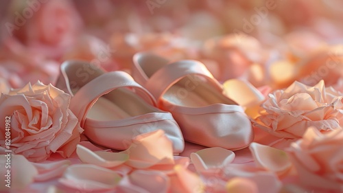 Ballet shoes on a bed of soft pink roses