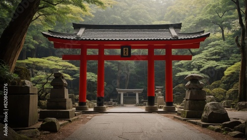Japanese Shinto Shrine Torii Gate at Entrance to Sacred Temple Grounds