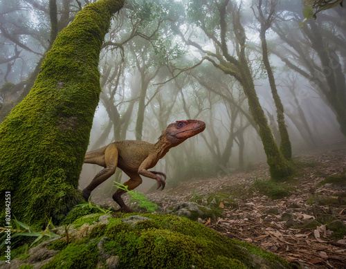 Velociraptor que sale del interior de un bosque del jurásico