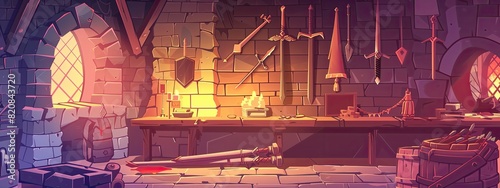 Interior of a medieval forge with weapons . Cartoon illustration.