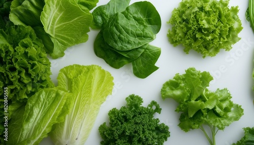 A white background showcases an artful arrangement of lettuce and greens, comprising at least 13 distinct pieces, including integrated leaves.