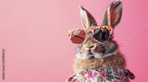 A photo of a rabbit wearing sunglasses and a floral shirt. The rabbit is standing on a pink background and looking at the camera.