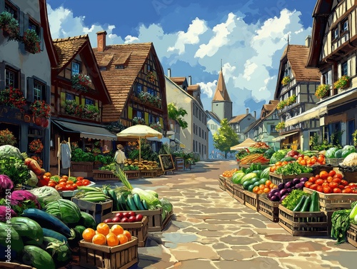 A street scene with a market full of fresh produce. Scene is lively and bustling, with people shopping and enjoying the fresh fruits and vegetables. The market is located in a small town