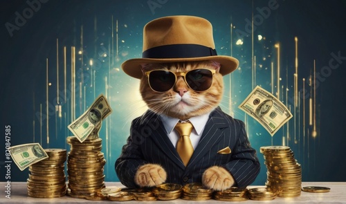 Cool rich gangster boss cat hipster with sunglasses, hat, headphones, gold chain and money dollars. Business, finance, creative idea. Crypto investor cat is holding a lot of money
