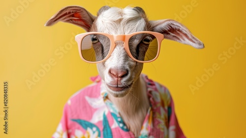 Goat in sunglasses and hawaiian shirt on yellow background