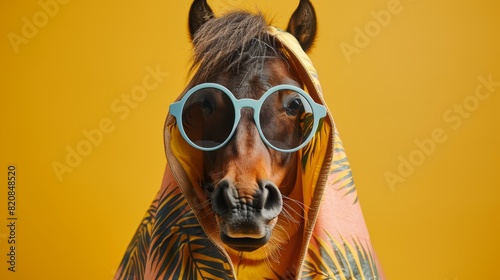 **Horse in sunglasses and scarf on yellow background**