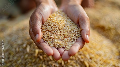 Hands holding harvested rice grains with a blurred background illustrating the importance of agriculture and food production