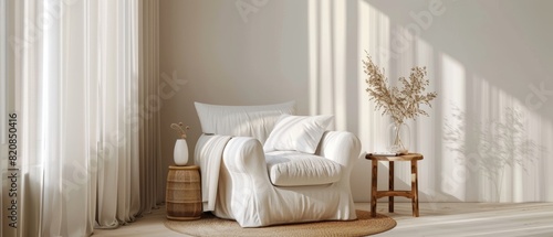 2005 98 A serene reading nook with a white armchair, a small side table, and a floor lamp