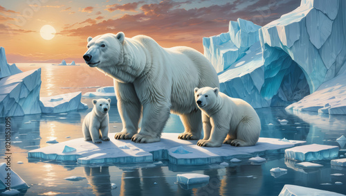 Polar bear with cubs in Arctic landscape. Blue ice rocks, floes, icebergs, orange Arctic sun on sunset. Background illustration