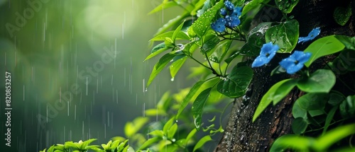 Tree trunk with lush green foliage and blue flowers, visible raindrops creating a tranquil atmosphere, softly blurred background for detail