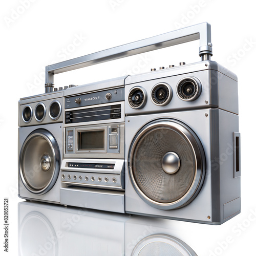 A vintage silver boombox with large speakers and cassette player sits on a reflective surface