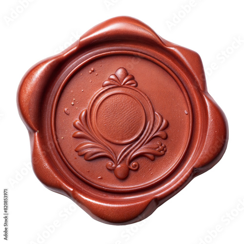 A detailed red wax seal featuring an ornate, decorative pattern, presented against a clean white backdrop