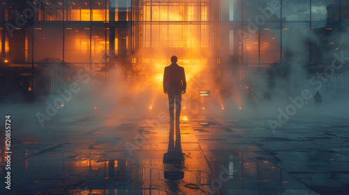 Strong depth of field colour photography of businessman in a misty environment with centred composition 