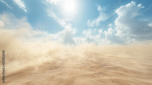 beautiful smooth sand ground with sand storm, bright sunny day, dust smoke, blue sky 