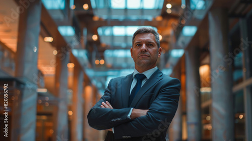 Strong depth of field colour photography of businessman with centred composition 