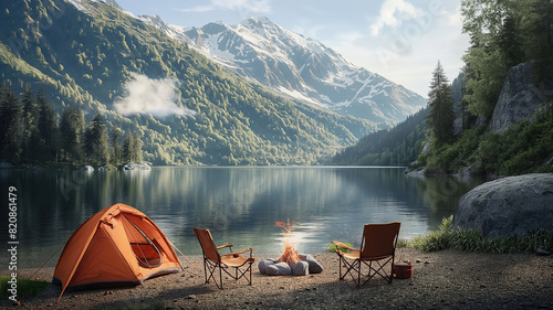An ideal place for camping on the shore of a mountain lake, a tent, a campfire with two folding chairs and a table.