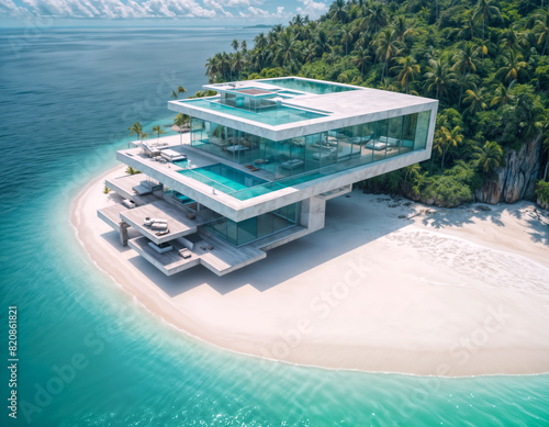 modern home on a tropical island. The home is perched on a sandy beach and features a infinity pool.