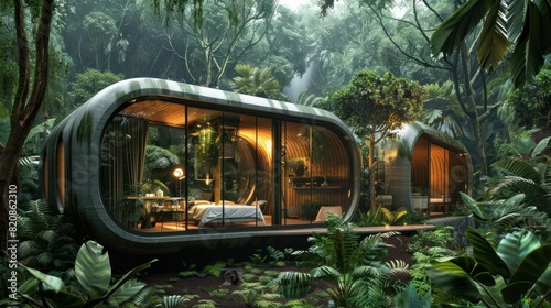 Capsule House Nestled in a Thriving Rainforest Ecosystem