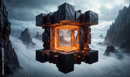 floating, glowing, cube-like structure made of stone, hovering over a sea of clouds. The cube has a doorway that appears to lead to another, similar cube. The background features tall, rocky cliffs.