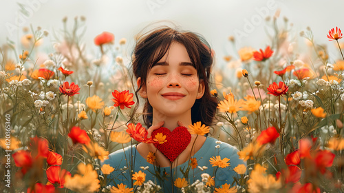 Self-love, mental health and emotional well-being concept. Person smile, heart shape, head, mind, flower