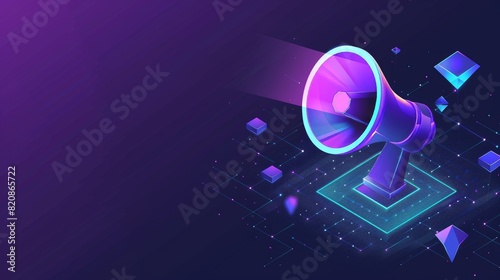 Graphie modern illustration of digital marketing with a big megaphone and 3D sale and discount promo icons. Website of an advertising agency promoting sales with ultraviolet banners.