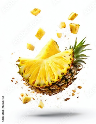 Falling Pineapple slice isolated on white background, clipping path, full depth of field