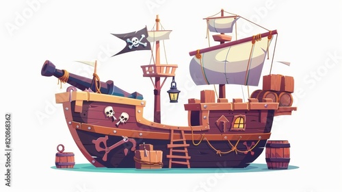 Cartoon modern illustration images of pirate ship wooden deck onboard view, boat with cannon, wood boxes and barrel, hold entrance, mast with ropes, lantern and skull buccaneer flag isolated on white