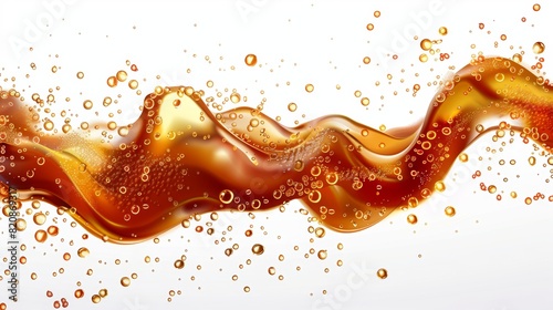 An effervescent liquid brown liquid with bubbles splashing in the air. Modern realistic illustration of bubbles, fizzy drinks, champagne and cold carbonated drinks.