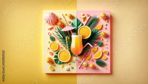 Orange lemonade or cocktail on vertically split background in yellow and pink