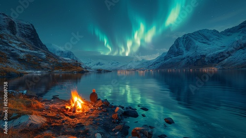 Aurora borealis over a lake in the mountains
