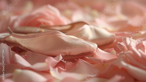 Delicate dance of ballet slippers amidst soft rose petals