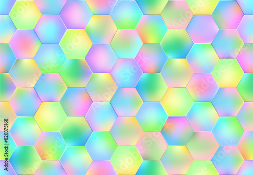 seamless design of Hexagonal Pattern in rainbow shade iridescent prismatic colors 