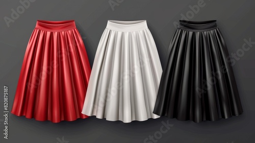 Isolated midi length pleated skirts for women in red, white, and black on transparent backgrounds. Fashion female satin clothes templates.