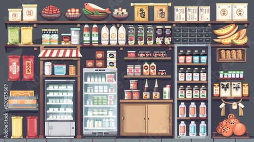 The cartoon modern set contains items from a Japanese konbini shop, such as isolated products, a minimarket cashier desk, a fridge with cold drinks, shelves filled with snacks and necessities, and a