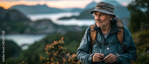 Elderly male hiker checking compass, wearing a hat, with a scenic overlook and a river in the background