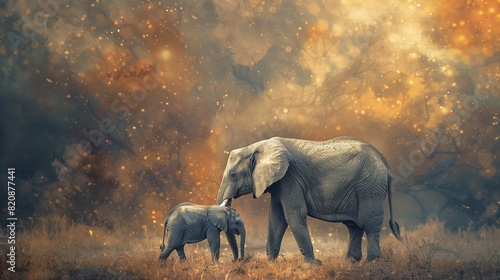 Mother elephant and her calf, tender and heartwarming scene, showcasing the strong bond between parent and offspring, symbolizing love and protection in the wild