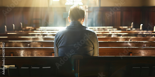 Back view of Man sitting alone in empty church and praying, sunlight.