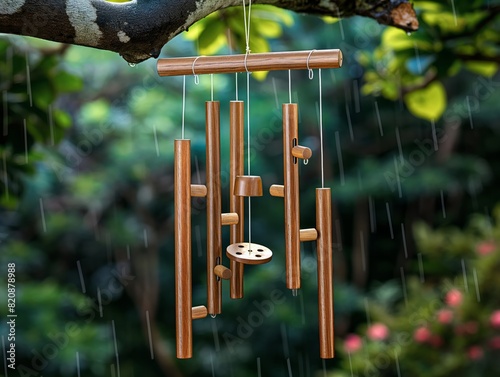 A wooden wind chime is hanging from a tree branch in the rain. The chime is made of wood and has a few small bells attached to it. The raindrops create a soothing sound as they hit the chime