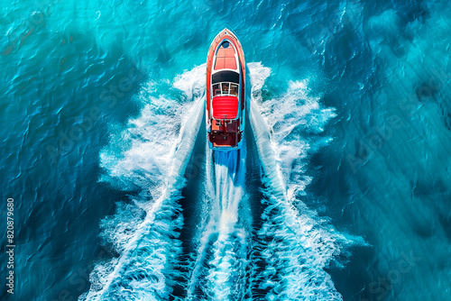 A red boat is speeding through the water