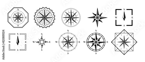 Compass Silhouette Icon Set on White Background. Navigational Direction to North, South, West, East Symbol. Rose Wind Glyph Pictogram. Navigation Equipment Solid Sign. Isolated Vector Illustration.