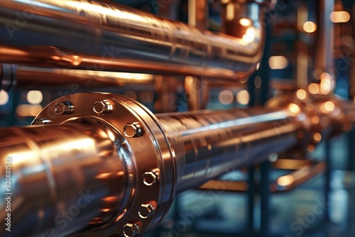 Water supply or gas supply systems and copper pipelines of the heating system. Shiny pipes and details close-up. Industry. Technology. Special equipment. Water treatment. Biotechnology. Protection