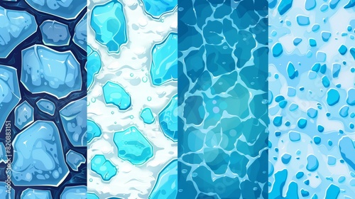 Cartoon seamless patterns with layers of water, snow, slush and dirty liquid ice for game backgrounds.