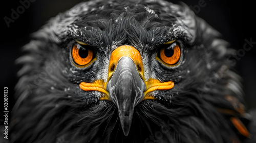 A black and white image of a bald eagle with selective coloring on its beak and eyes, emphasizing the bird's intensity and symbolism of freedom and courage on Memorial Day