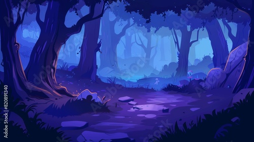 Creating a creepy forest atmosphere at night with spooky trees, grasses, and stones is a modern cartoon illustration.