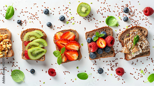 Tasty sandwiches with fruits and flax seeds on white b