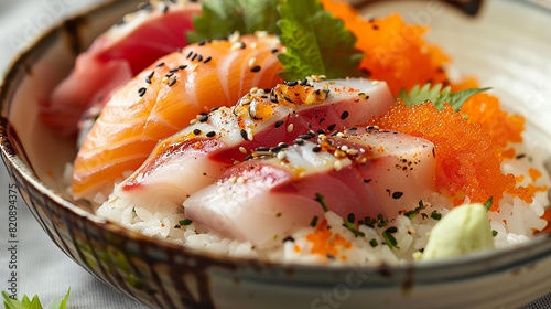 A bowl of chirashi sushi, with assorted slices of fresh sashimi served atop a bed of seasoned sushi rice, garnished with tobiko (flying fish roe) and shiso leaves.