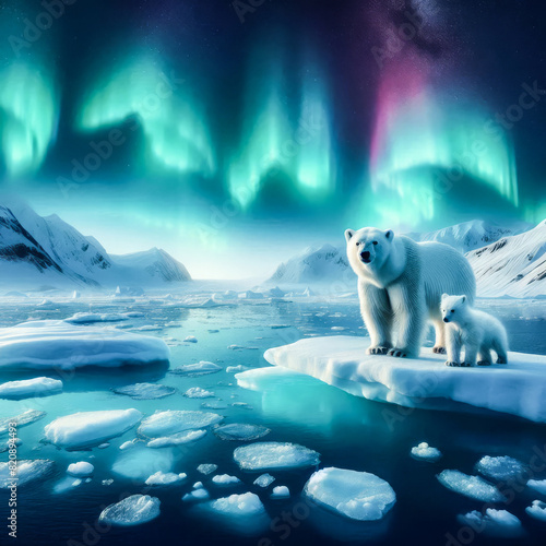 Polar bear and her cub on Arctic ice floe. Northern aurora borealis, winter landscape, snow and ice. Background illustration