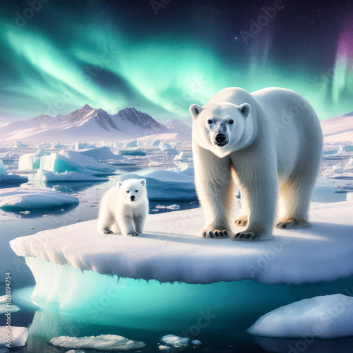 Polar bear and her cub on Arctic ice floe. Northern aurora borealis, winter landscape, snow and ice. Background illustration